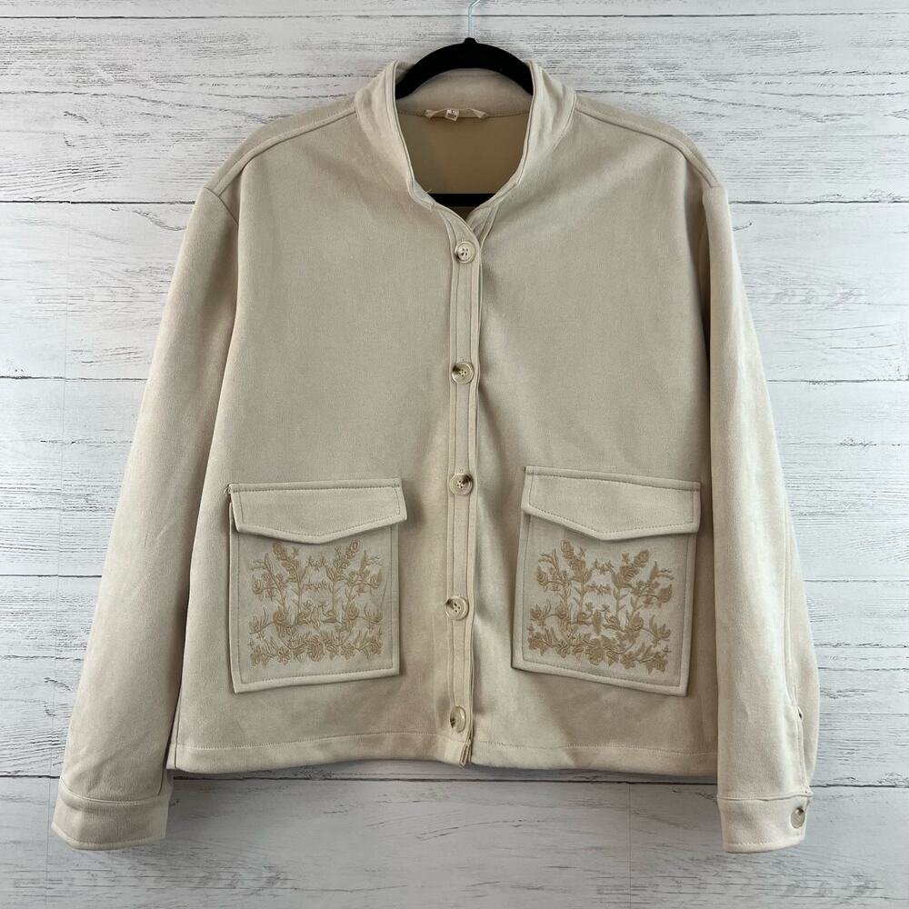 Solitaire Cream Embroidered Pocket Button Closure Faux Suede Jacket Size L